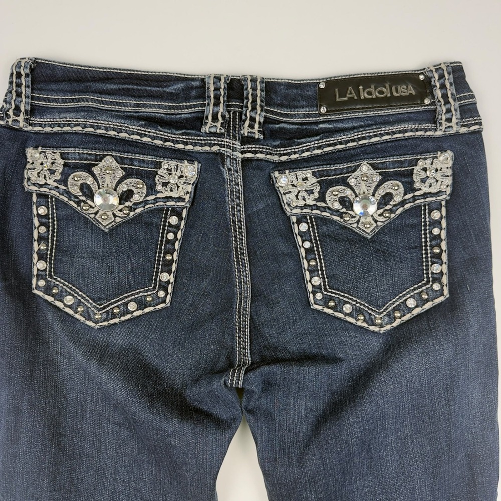 Y2K L.A. Idol USA Jeans Size 11 W33 L31.5 Rhinestone Fleur De Lis Bling Denim - Picture 2 of 14